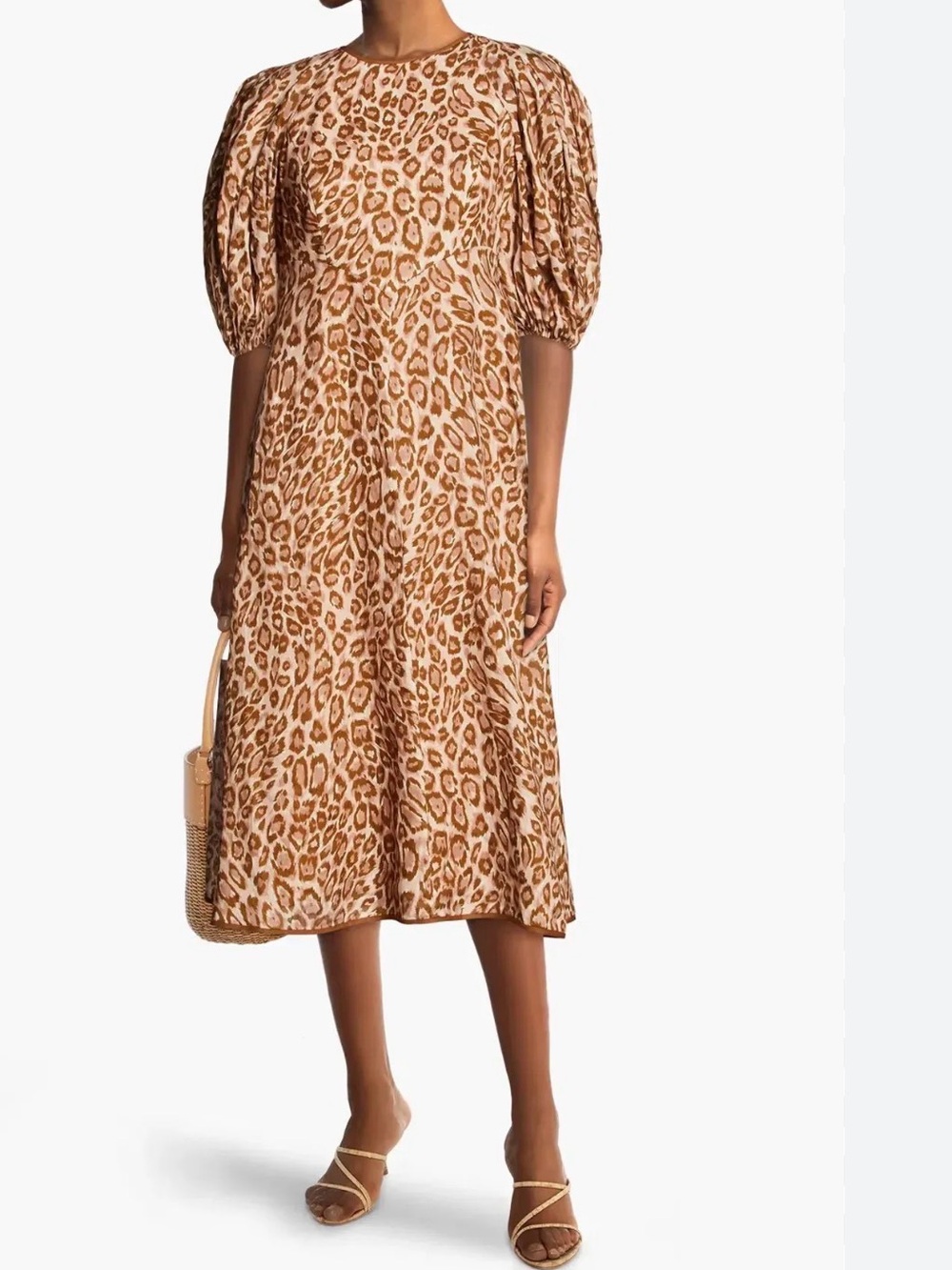 Zimmermann Pink and Brown Leopard-Print Puff-Sleeve Midi Dress.
